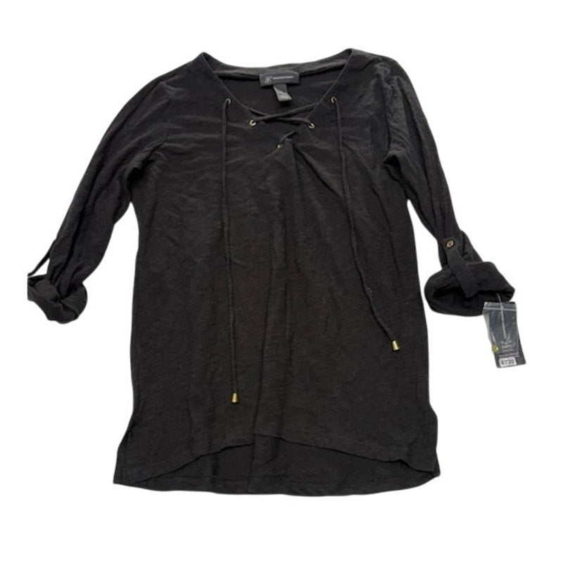 INC International Concepts Lace Up Tunic Top 3/4 Sleeve Black Womens Size S