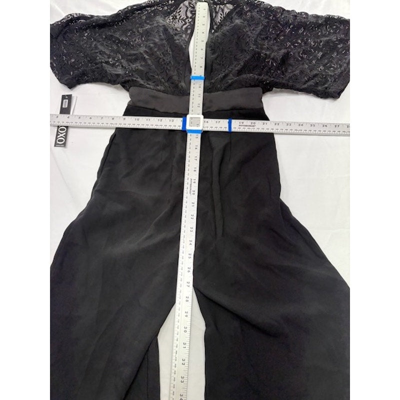 XOXO Lace V-Neck Jumpsuit Short Sleeve Wide Leg Formal Black Womens Size XS
