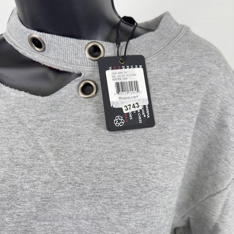 Kady Luxe Dog Collar Pullover Sweatshirt Raw Hem Crop Heather Gray Womens XS