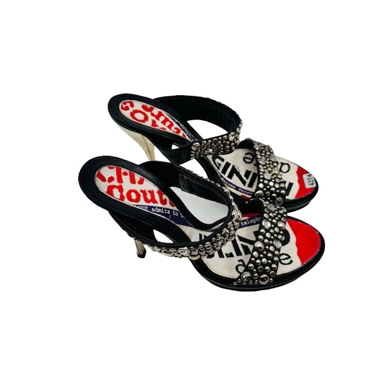 Versace Mules Heels Slip On Studded Double Strap Leather Multi Womens 37