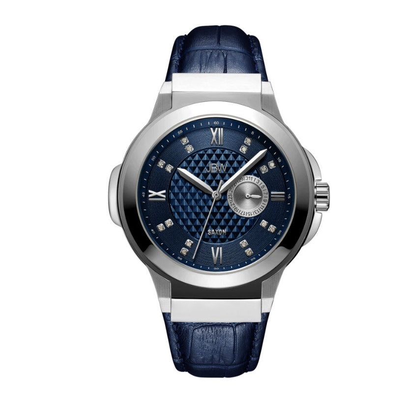 Saxon 48 Genuine Leather Dial Wrist Watch Stainless Steel Blue Silver-Tone