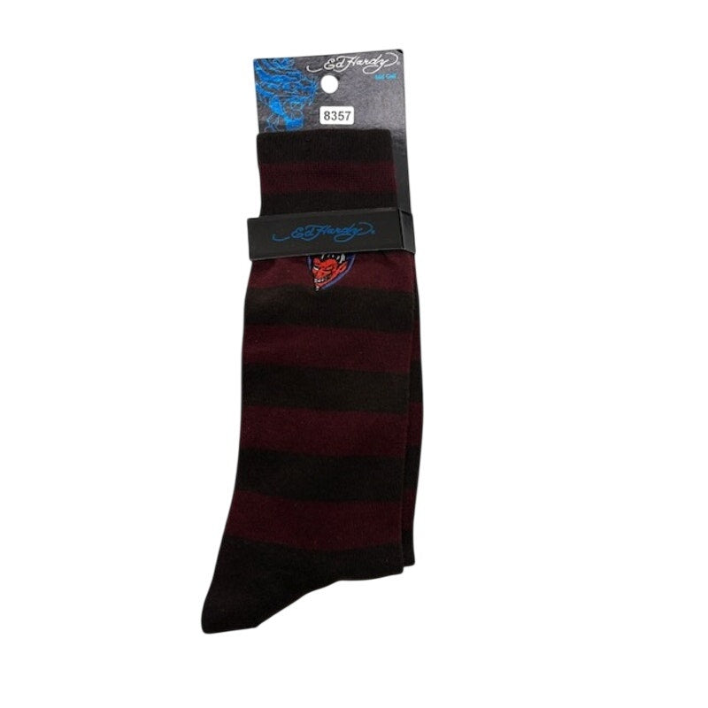 Ed Hardy Devil Tattoo Graphic Mid Calf Socks Striped Brown/Burgundy Adult OS