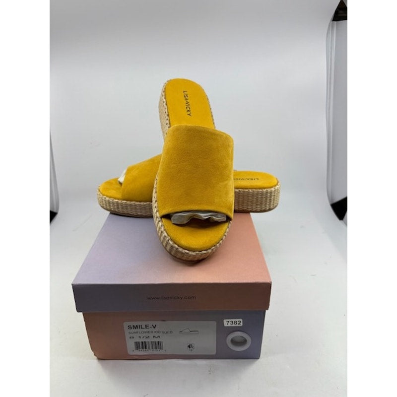 Lisa Vicky Smile-V Platform Slide Sandals Sunflower Raffia Womens Size 8.5