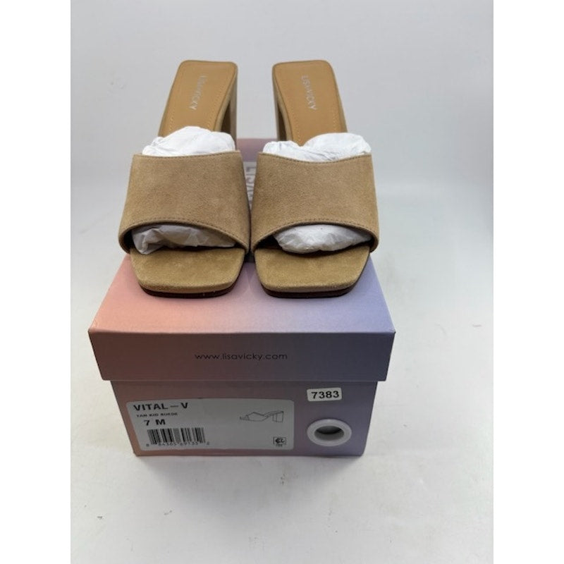 Lisa Vicky Vital V Suede Slide Sandal Block Heels Slip-On Tan Womens Size 7