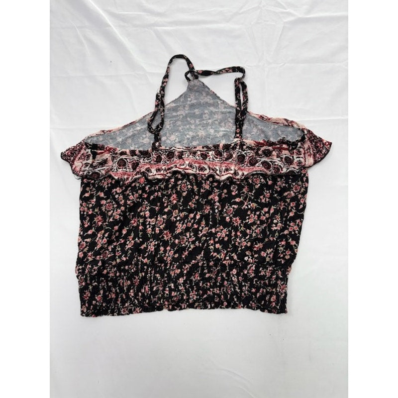 American Rag Cie Floral Cropped Top Smocked Halter Black/Multi Womens XS