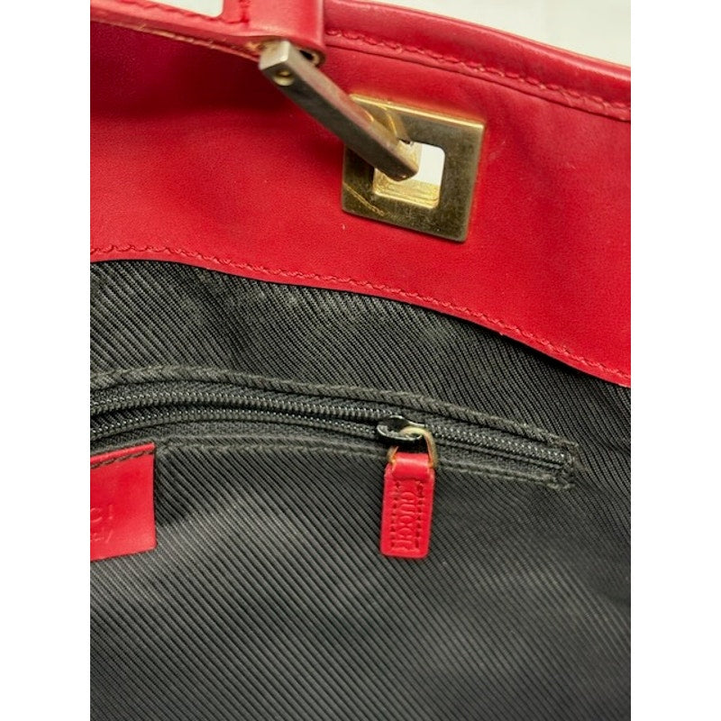 GUCCI GG Canvas Leather Open Top Vintage Tote Bag Gold-Tone Hardware Brown/Red