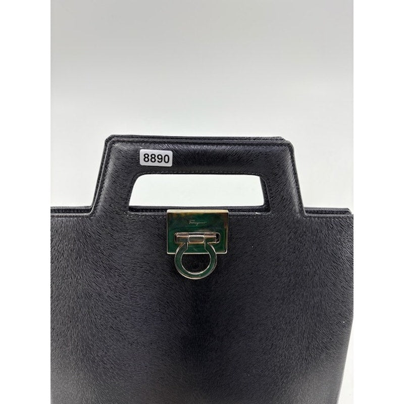 Salvatore Ferragamo Vintage Leather Hand Bag Gancini Clasp Structured Bag Black