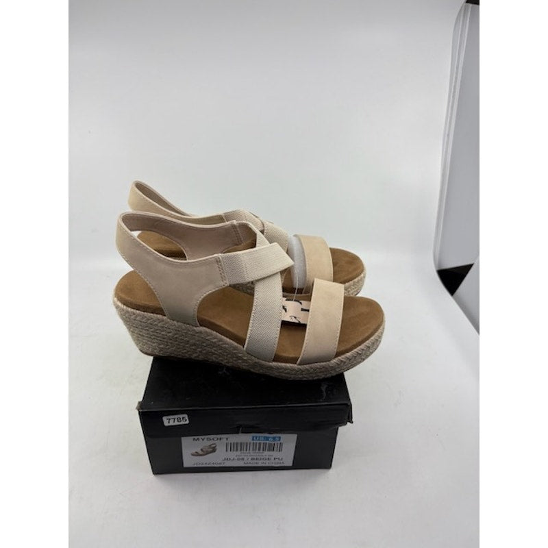 mysoft Platform Espadrille Wedge Sandals Elastic Strap Beige PU Womens 6.5