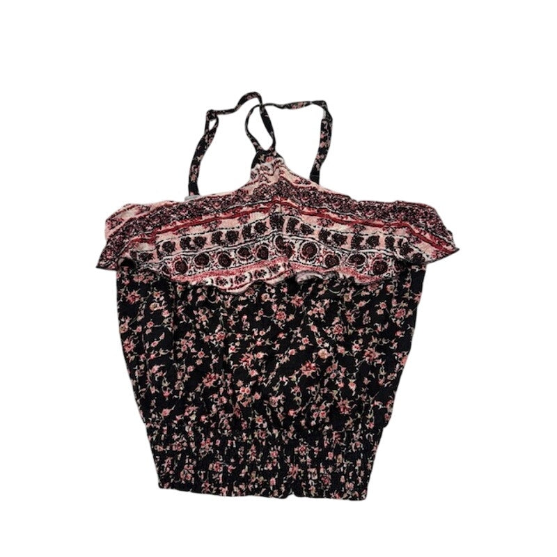 American Rag Cie Floral Cropped Top Smocked Halter Black/Multi Womens XS