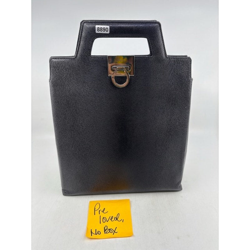 Salvatore Ferragamo Vintage Leather Hand Bag Gancini Clasp Structured Bag Black