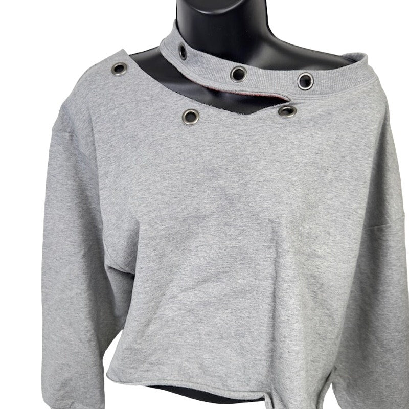 Kady Luxe Dog Collar Pullover Sweatshirt Raw Hem Crop Heather Gray Womens L