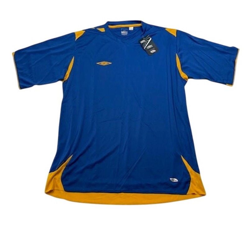 Umbro Soccer Jersey Shirt Short Sleeve V-Neck Royal Blue/Gold Mens Size L