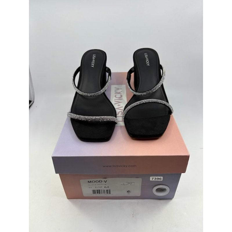 Lisa Vicky Mood Pavé Block Heel Slide Sandals Crystal Strap Black Womens 8.5