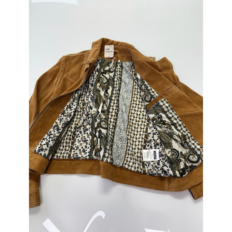 Free People Suede Leather Moto Jacket Front Zipper Pockets Brown Womens Size L