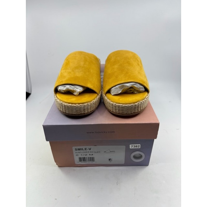 Lisa Vicky Smile-V Platform Slide Sandals Sunflower Raffia Womens Size 8.5