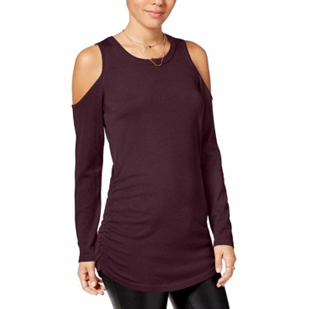 Hippie Rose Ruched Cold-Shoulder Sweater Crewneck Wine Womens Juniors' Size XS