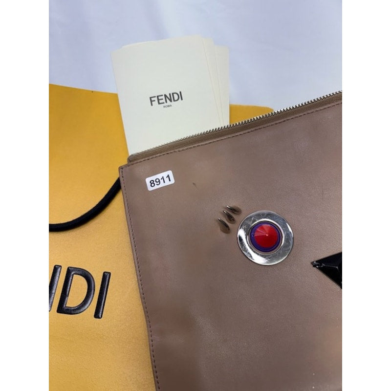 Fendi Studded Monster Eyes Zip Pouch Leather Clutch Bag Silver-Tone Beige Womens