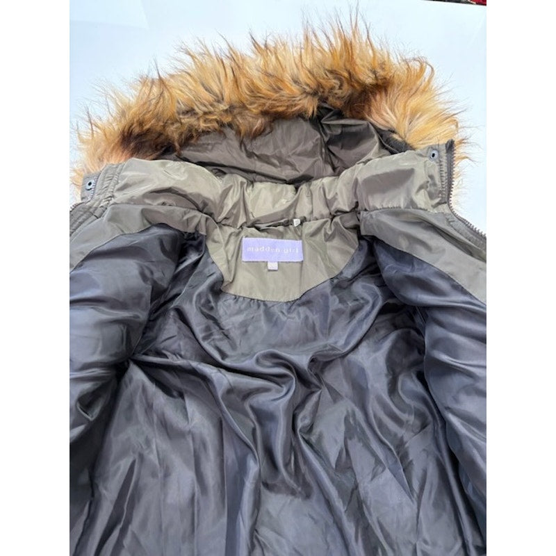 Madden Girl Hooded Faux-Fur-Trim Puffer Coat Zip-Up Olive Juniors Size XS