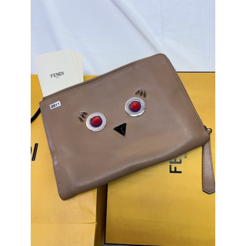 Fendi Studded Monster Eyes Zip Pouch Leather Clutch Bag Silver-Tone Beige Womens