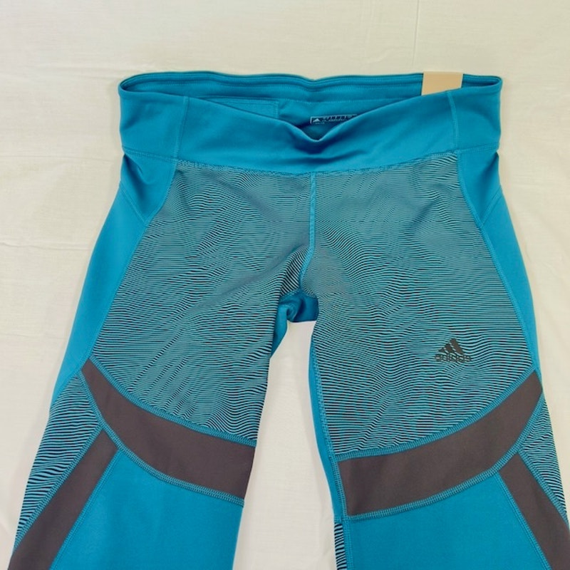 Adidas Climalite 3/4 Tight Leggings Mid Rise Striped Stretch Blue Womens L