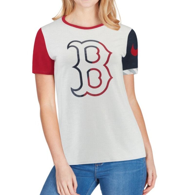 Nike Dri-Fit MLB Boston Red Sox Slub Two-Tone Logo T-Shirt White Womens Size XS