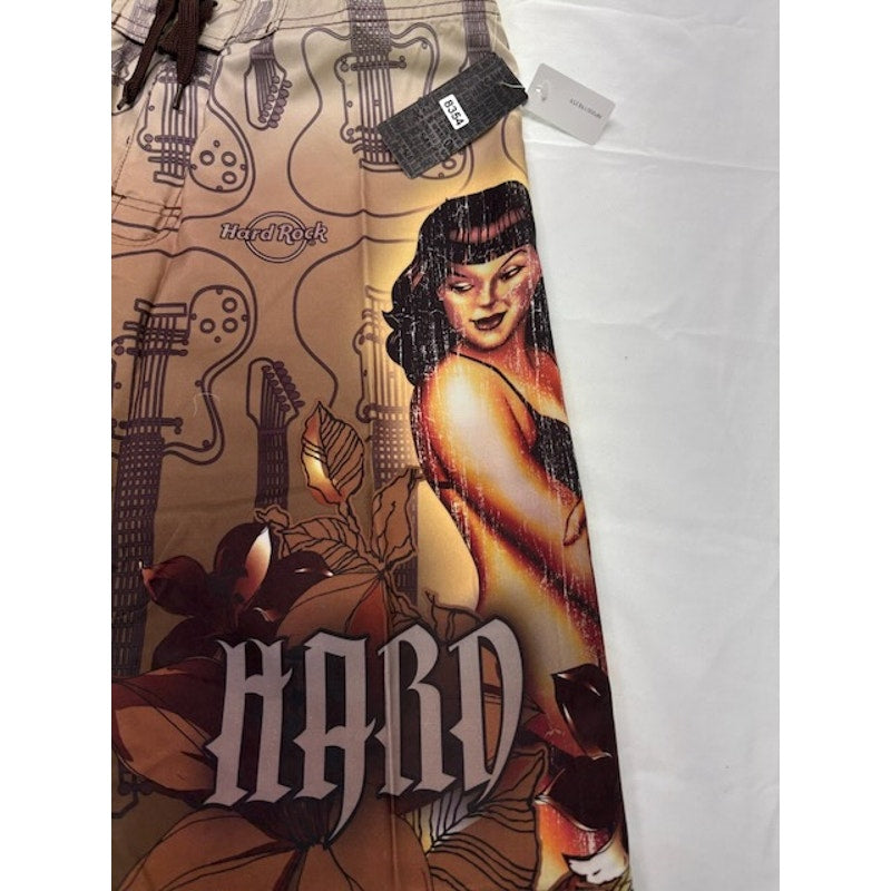Hard Rock Vintage Surf Pinup Boardshorts Swim Trunks Brown Mens Size 32