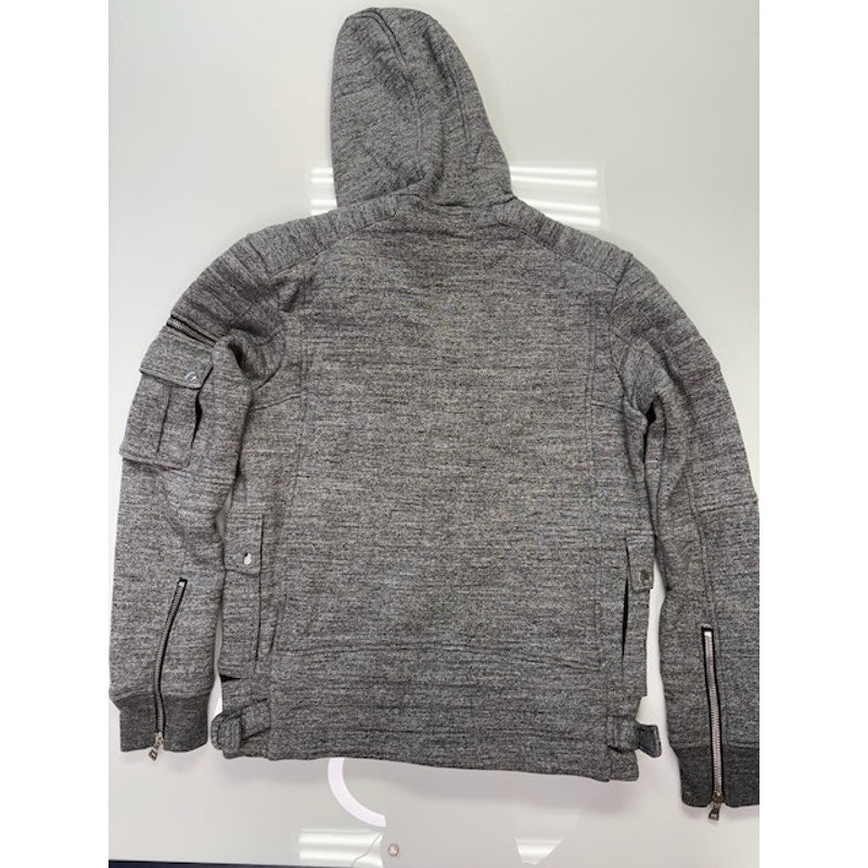Balmain Quilted Biker Hoodie Two-Way Zip Flap Pockets Gray Mens Size XL