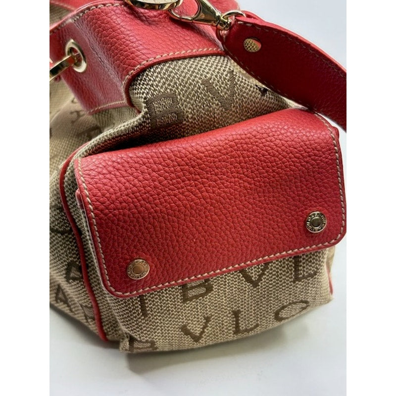 BVLGARI Canvas Leather Logo Mania Satchel Shoulder Bag Detachable Strap Brown