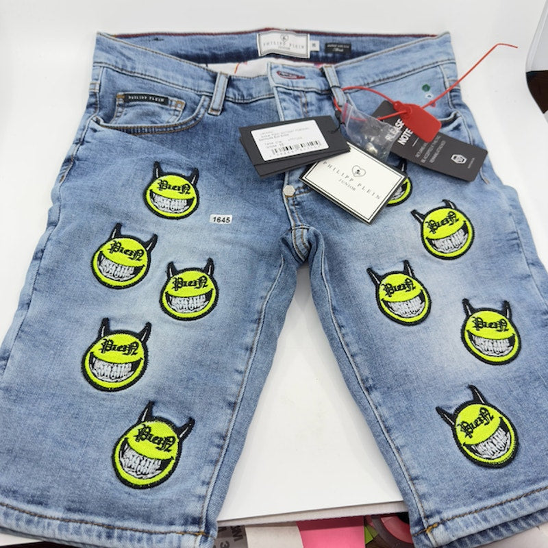 Philipp Plein Evil Smile Bermuda Shorts Denim Light Wash Blue Juniors Size 16