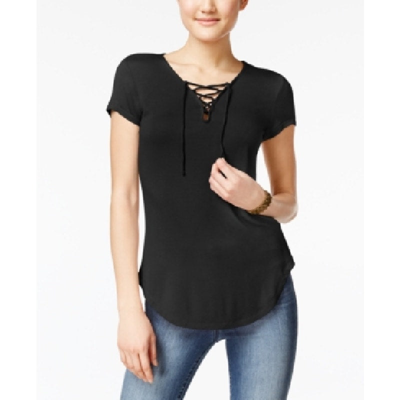 Ultra Flirt Lace Up Tunic Top Short Sleeve Hi-Low Hem Black Womens Size XS