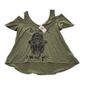 Self E Short Cold-Shoulder Graphic Blouse T-Shirt Olive Green Womens Size S