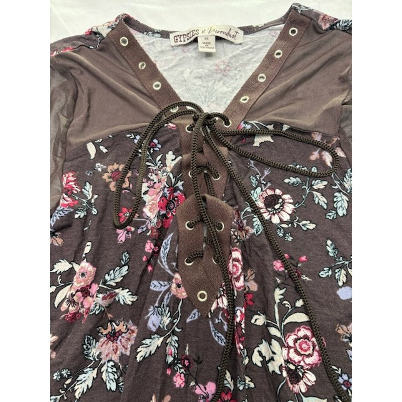 Gypsies & Moondust Floral Lace Up Blouse Short Sleeve Purple Womens Size XS