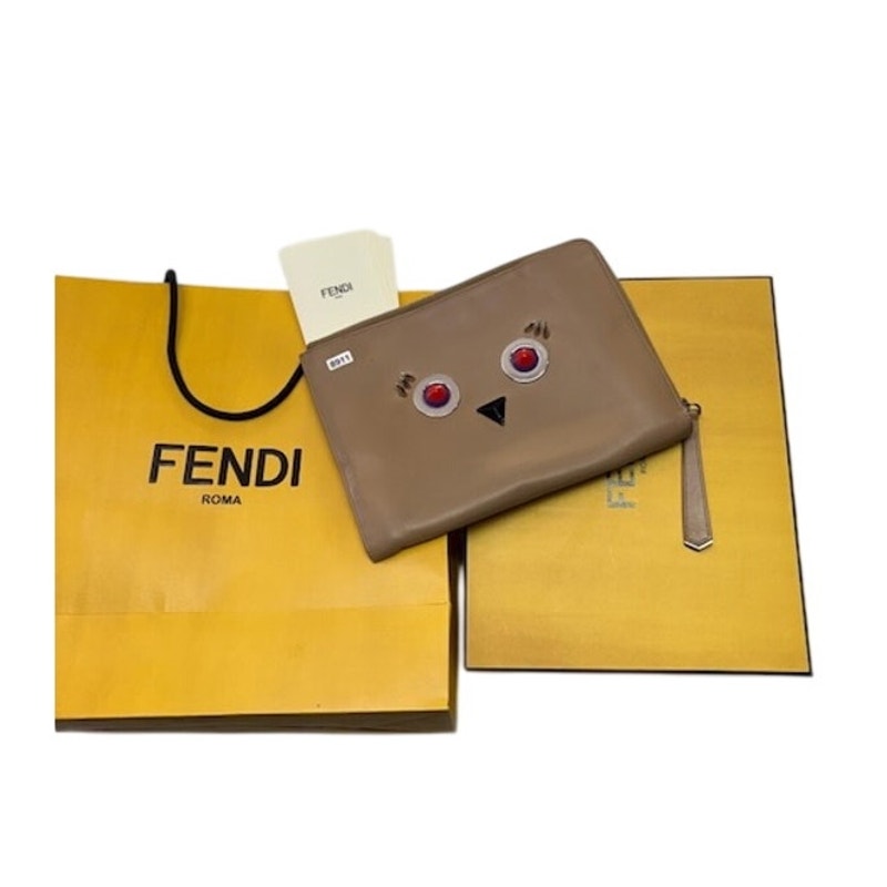 Fendi Studded Monster Eyes Zip Pouch Leather Clutch Bag Silver-Tone Beige Womens