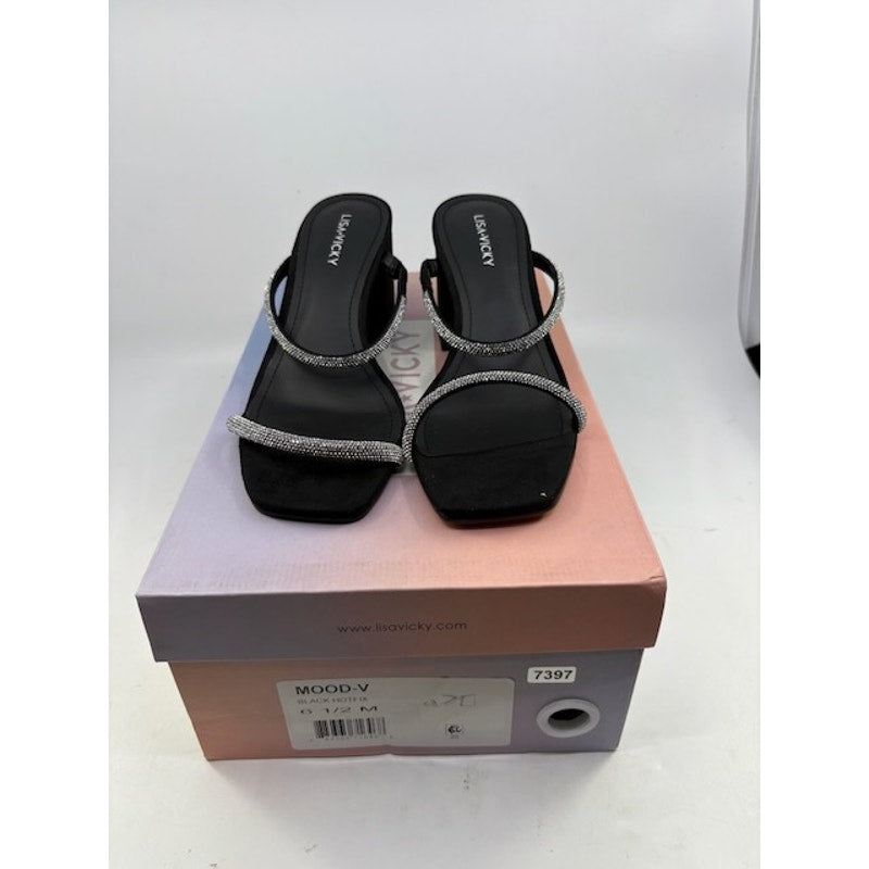Lisa Vicky Mood Pavé Block Heel Slide Sandals Crystal Strap Black Womens 8.5