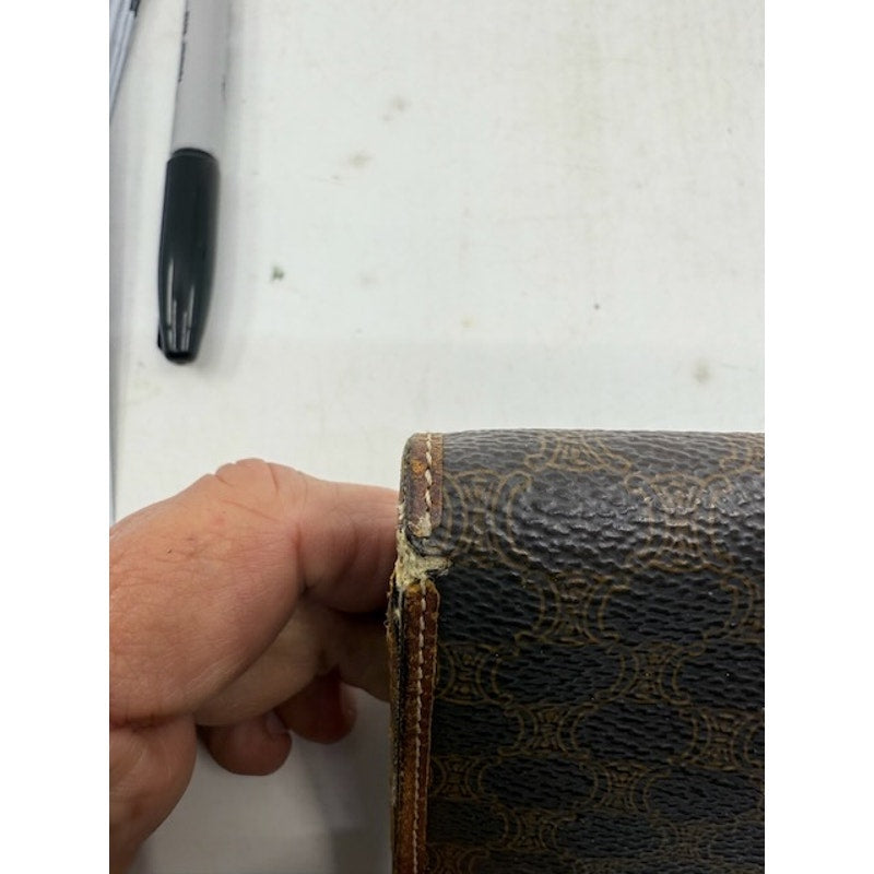 Celine Vintage Printed Long Wallet Leather Snap Closure Dark Brown Womens