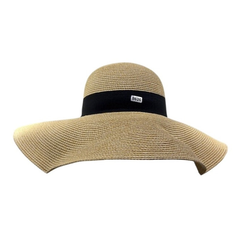 FURTALK Wide Brim Straw Sun Hat Adjustable Cap Beige Black Band Womens Sz M