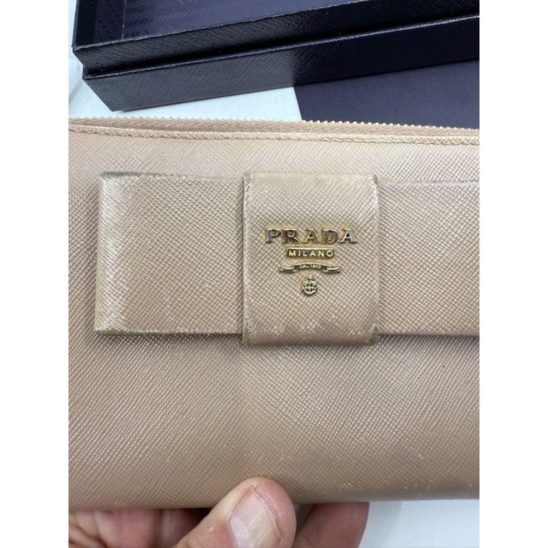 Authentic PRADA Saffiano Fiocco Bow Zip Around Wallet Leather Beige Womens COA