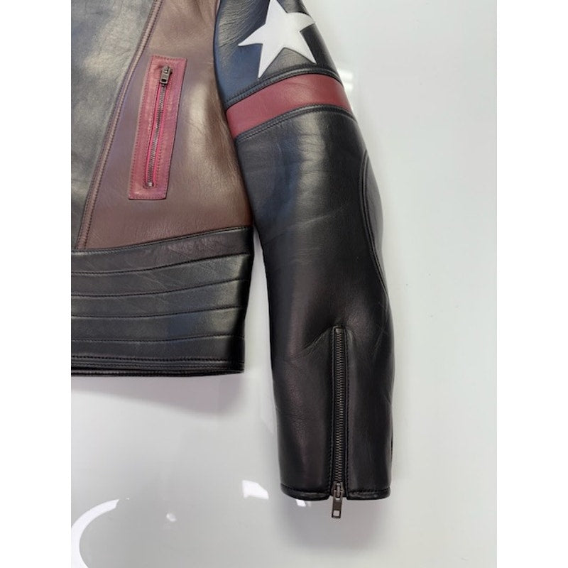 GIVENCHY Star Patch Leather Moto Biker Captain America Jacket Black Mens 48