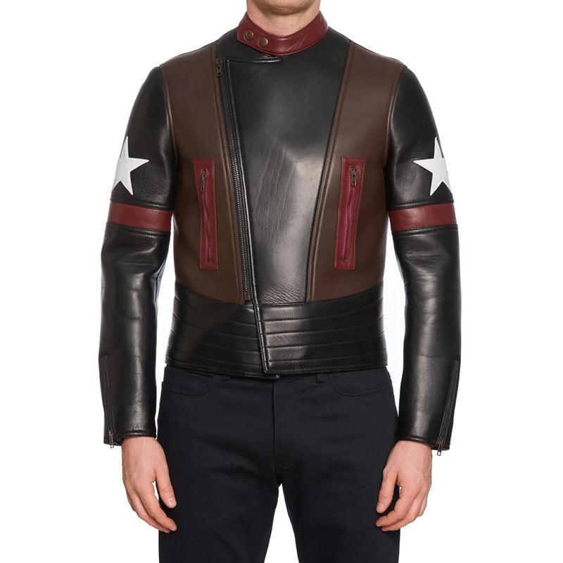 GIVENCHY Star Patch Leather Moto Biker Captain America Jacket Black Mens 48