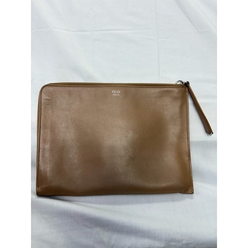 Fendi Studded Monster Eyes Zip Pouch Leather Clutch Bag Silver-Tone Beige Womens