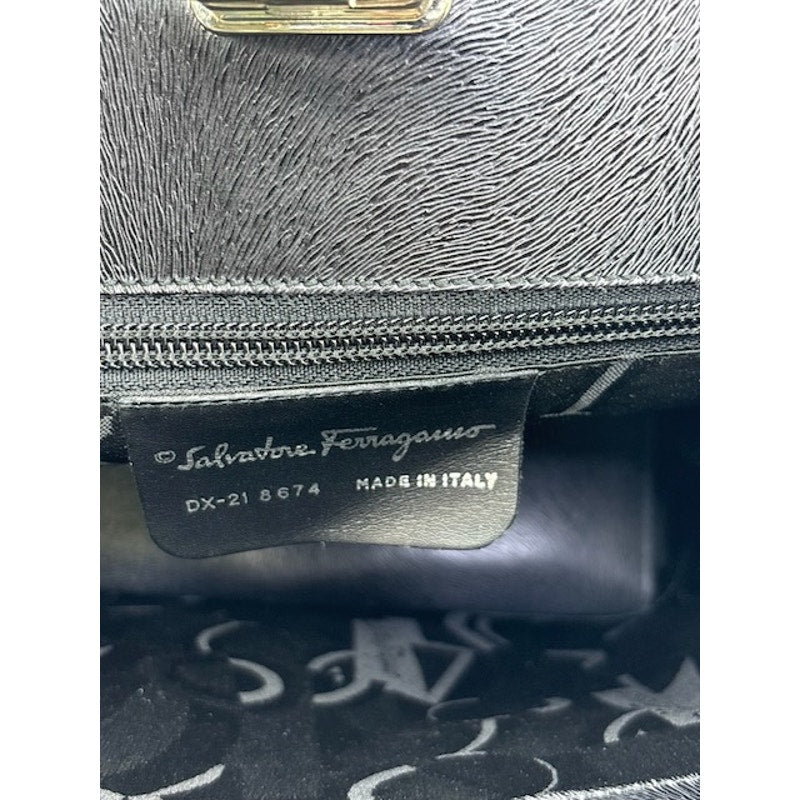 Salvatore Ferragamo Vintage Leather Hand Bag Gancini Clasp Structured Bag Black