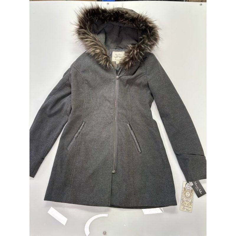 Maralyn & Me Faux-Fur-Trim Hooded Parka Coat Full-Zip Charcoal Womens Sz XS