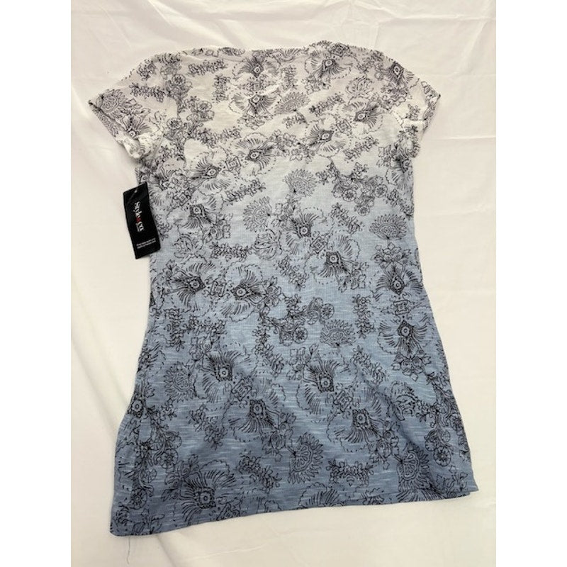 Style&Co Essential Tee Ombre Floral Top Short Sleeve Blue White Women PP