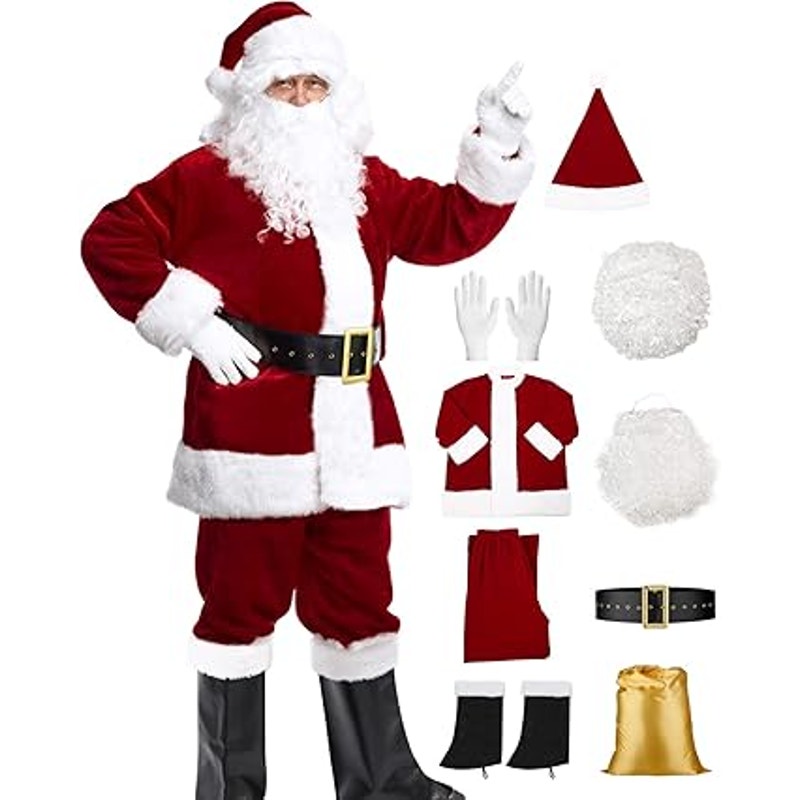 10 Pieces Santa Claus Christmas Costume Deluxe Velvet Santa Suit Red White
