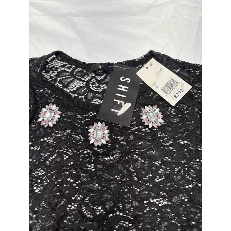 NWT Shift Embellished Floral Gem Lace Top Short Sleeve Black Womens Size Medium