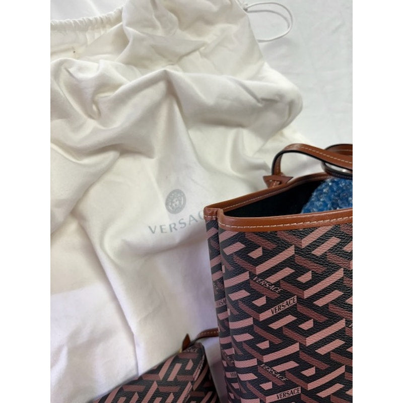 Versace La Greca Medusa Smiley Tote Bag Monogram Canvas Shopper Set Brown