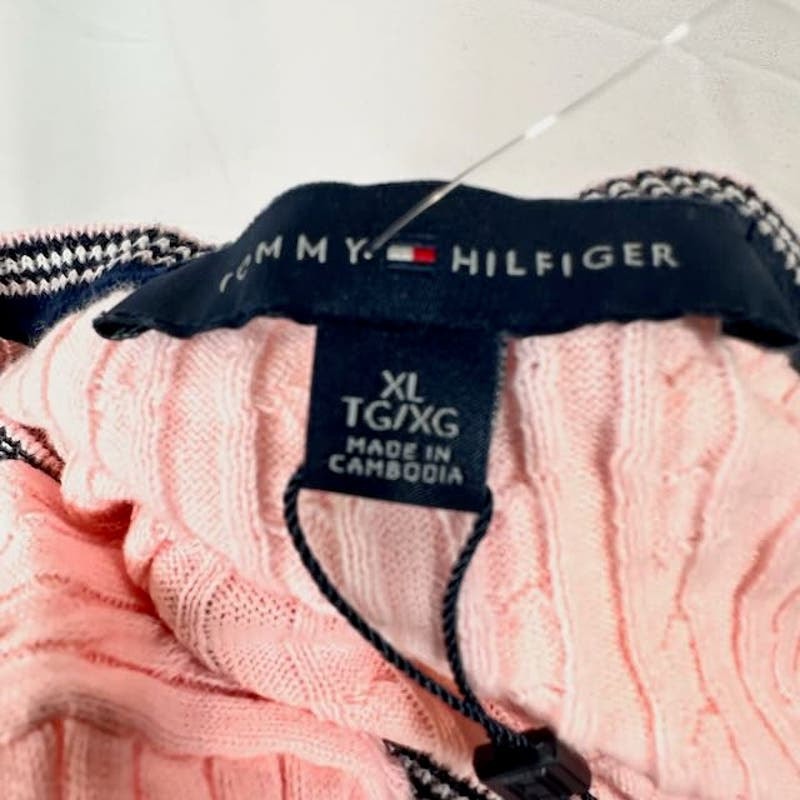 Tommy Hilfiger Cable-Knit Sweater Contrast-Trim Light Pink Black Womens Size XL