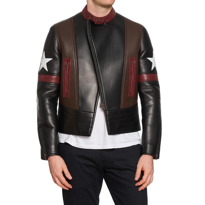 GIVENCHY Star Patch Leather Moto Biker Captain America Jacket Black Mens 48