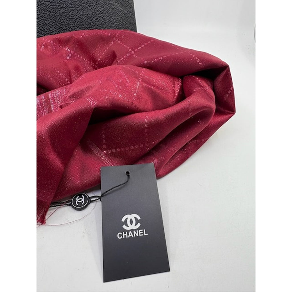 Chanel Scarf Metallic Check Wool Acrylic Blend Wrap Shawl Burgundy Red OS