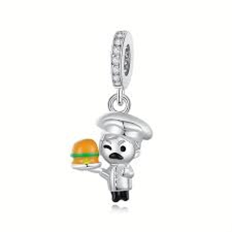 Chef with Burger Dangle Charm Pendant 925 Sterling Silver